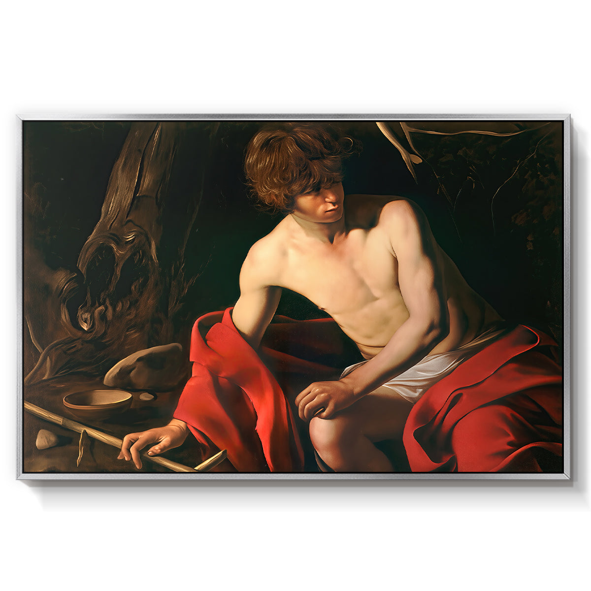 Saint John the Baptist in the Wilderness, c. 1603-1604 by Caravaggio in a silver floater framed canvas wall art display.