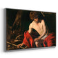 Angled view of Saint John the Baptist in the Wilderness, c. 1603-1604 by Caravaggio in a silver floater framed canvas.