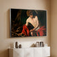 Silver floater framed canvas of Saint John the Baptist in the Wilderness, c. 1603-1604 by Caravaggio, featuring a solitary figure of Saint John resting in natural setting with soft light above a console cabinet in a minimalist entryway.