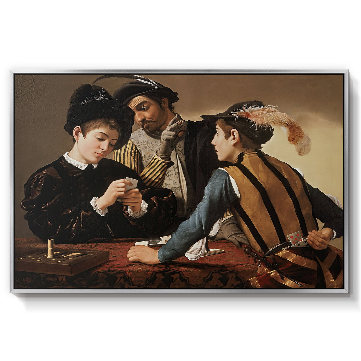 The Cardsharps, c. 1594 by Caravaggio in a silver floater framed canvas wall art display.