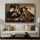 The Cardsharps, c. 1594 by Caravaggio displayed in a silver floater framed canvas above a sofa in a clean living room.