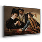 Angled view of The Cardsharps, c. 1594 by Caravaggio in a silver floater framed canvas.