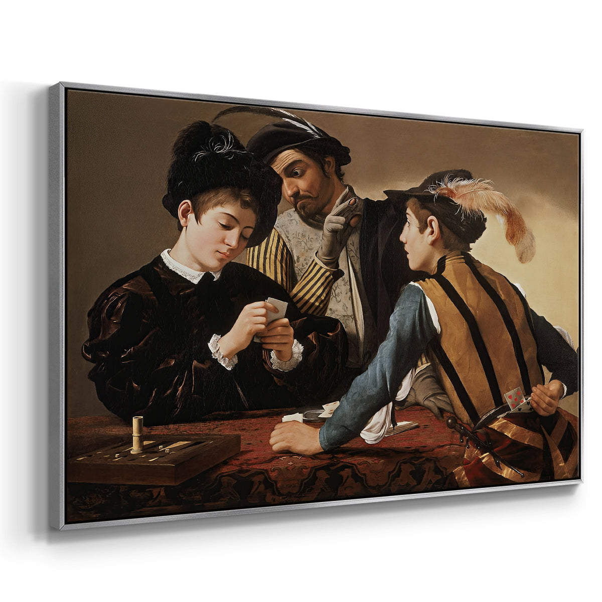 Angled view of The Cardsharps, c. 1594 by Caravaggio in a silver floater framed canvas.