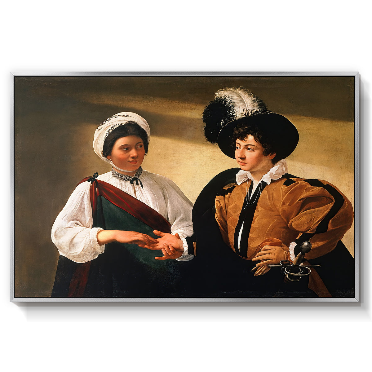The Fortune Teller (Louvre Version), c. 1595 by Caravaggio in a silver floater framed canvas wall art display.