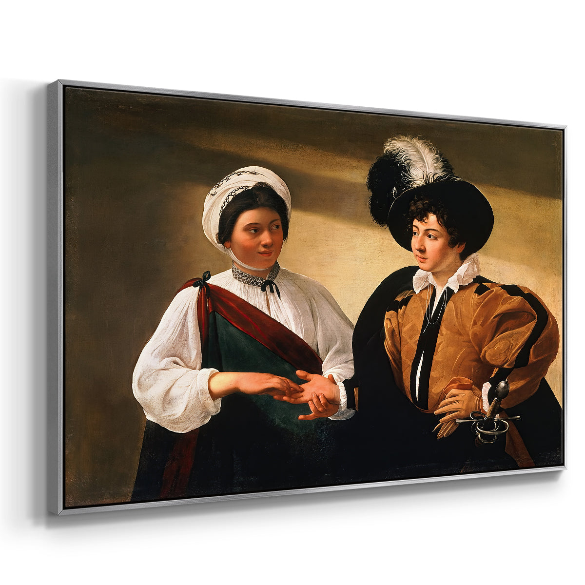 Angled view of The Fortune Teller (Louvre Version), c. 1595 by Caravaggio in a silver floater framed canvas.
