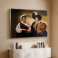Silver floater framed canvas of The Fortune Teller (Louvre Version), c. 1595 by Caravaggio, featuring a fortune teller examining hand of man as she slyly removes his ring above a console cabinet in a minimalist entryway.