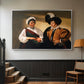Silver floater framed canvas featuring two figures engaged in fortune telling with hidden deception, displayed in a hallway near a staircase.