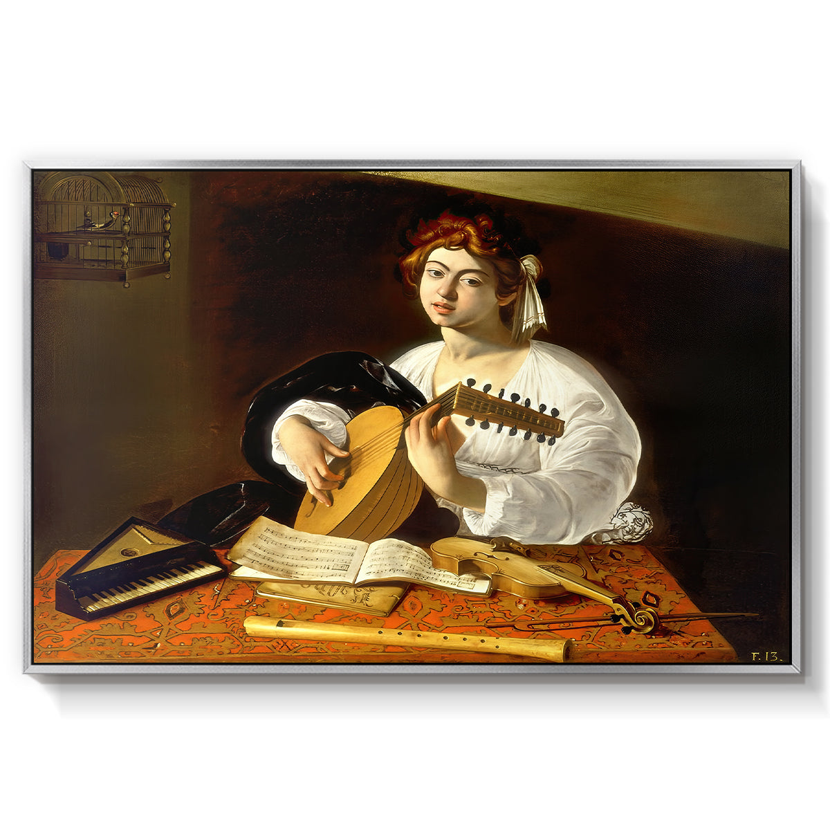 The Lute Player (Wildenstein Version), c. 1596 by Caravaggio in a silver floater framed canvas wall art display.