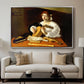The Lute Player (Wildenstein Version), c. 1596 by Caravaggio displayed in a silver floater framed canvas above a sofa in a clean living room.