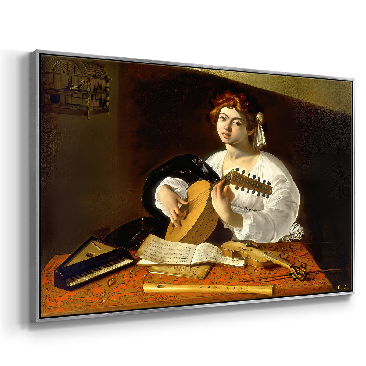 Angled view of The Lute Player (Wildenstein Version), c. 1596 by Caravaggio in a silver floater framed canvas.