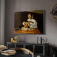 The Lute Player (Wildenstein Version), c. 1596 by Caravaggio in a silver floater framed canvas featuring a detailed scene of youth playing string instrument with fruit and flowers nearby, displayed above a desk in a dark home office interior.