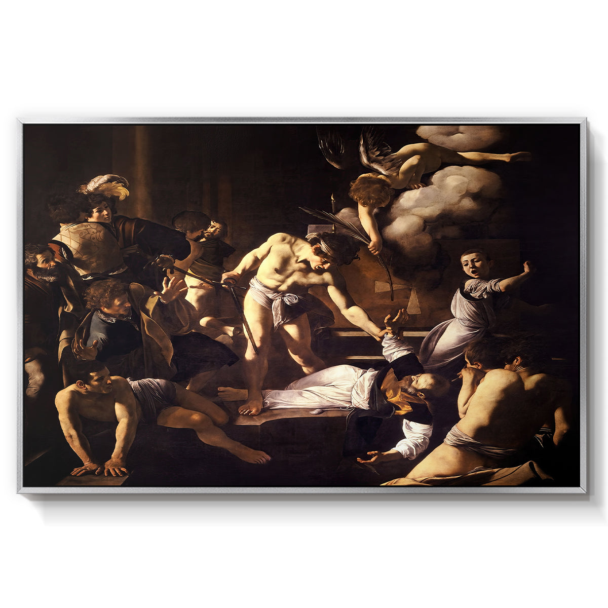The Martyrdom of Saint Matthew, 1599-1600 by Caravaggio in a silver floater framed canvas wall art display.