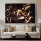 The Martyrdom of Saint Matthew, 1599-1600 by Caravaggio displayed in a silver floater framed canvas above a sofa in a clean living room.