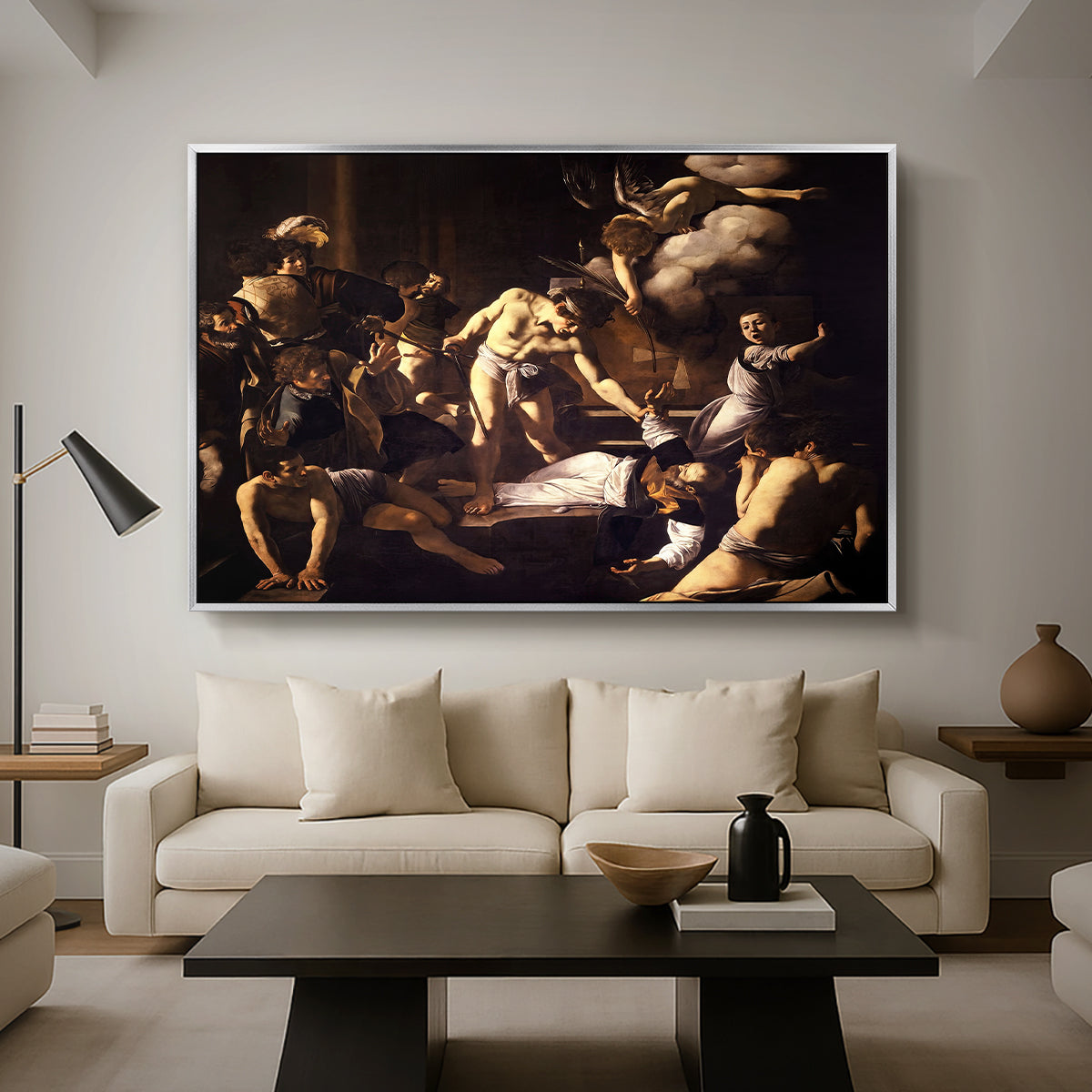 The Martyrdom of Saint Matthew, 1599-1600 by Caravaggio as a silver floater framed canvas featuring a chaotic scene of Saint Matthew being attacked by executioner in church, displayed above a sofa in a modern living room.
