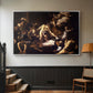 Silver floater framed canvas featuring a Baroque composition of movement and emotion during martyrdom, displayed in a hallway near a staircase.