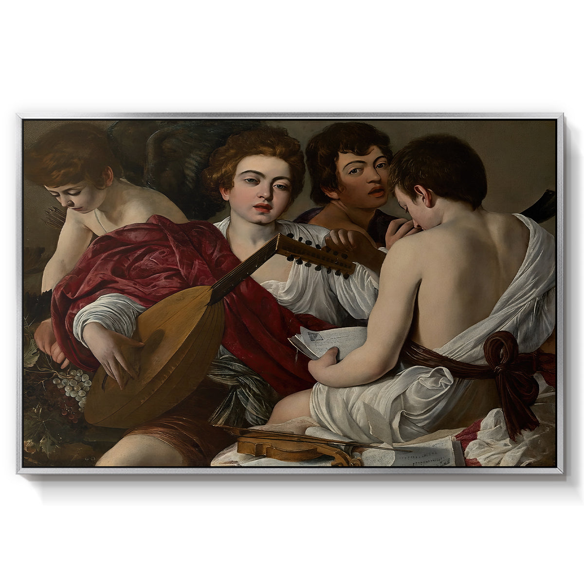 The Musicians, c. 1595 by Caravaggio in a silver floater framed canvas wall art display.