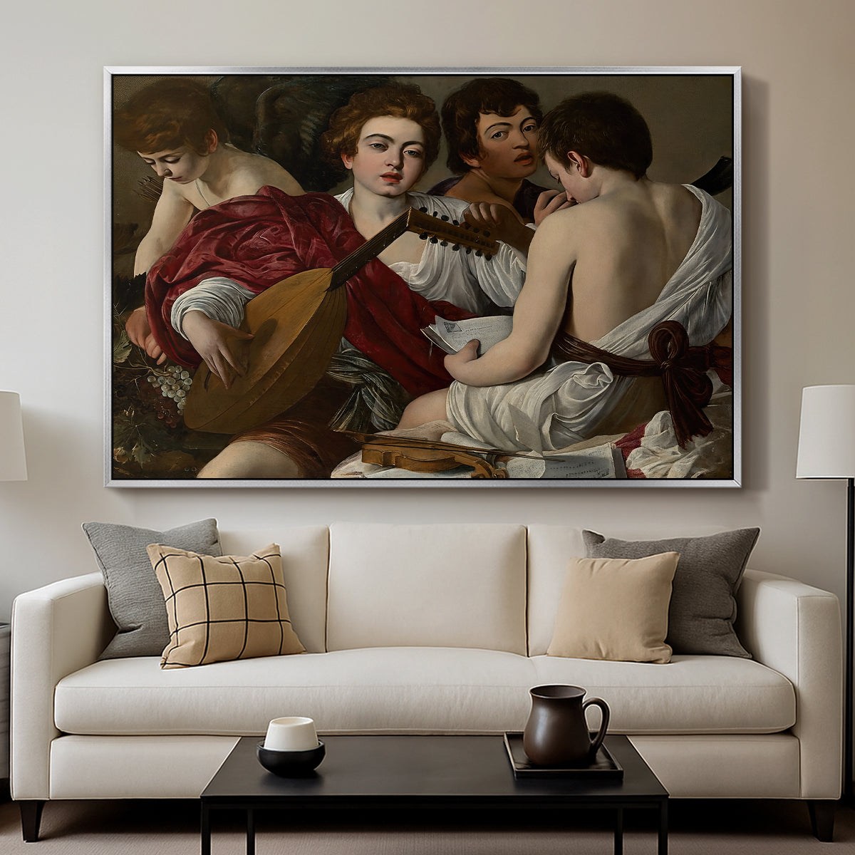 The Musicians, c. 1595 by Caravaggio displayed in a silver floater framed canvas above a sofa in a clean living room.