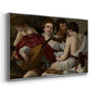 Angled view of The Musicians, c. 1595 by Caravaggio in a silver floater framed canvas.