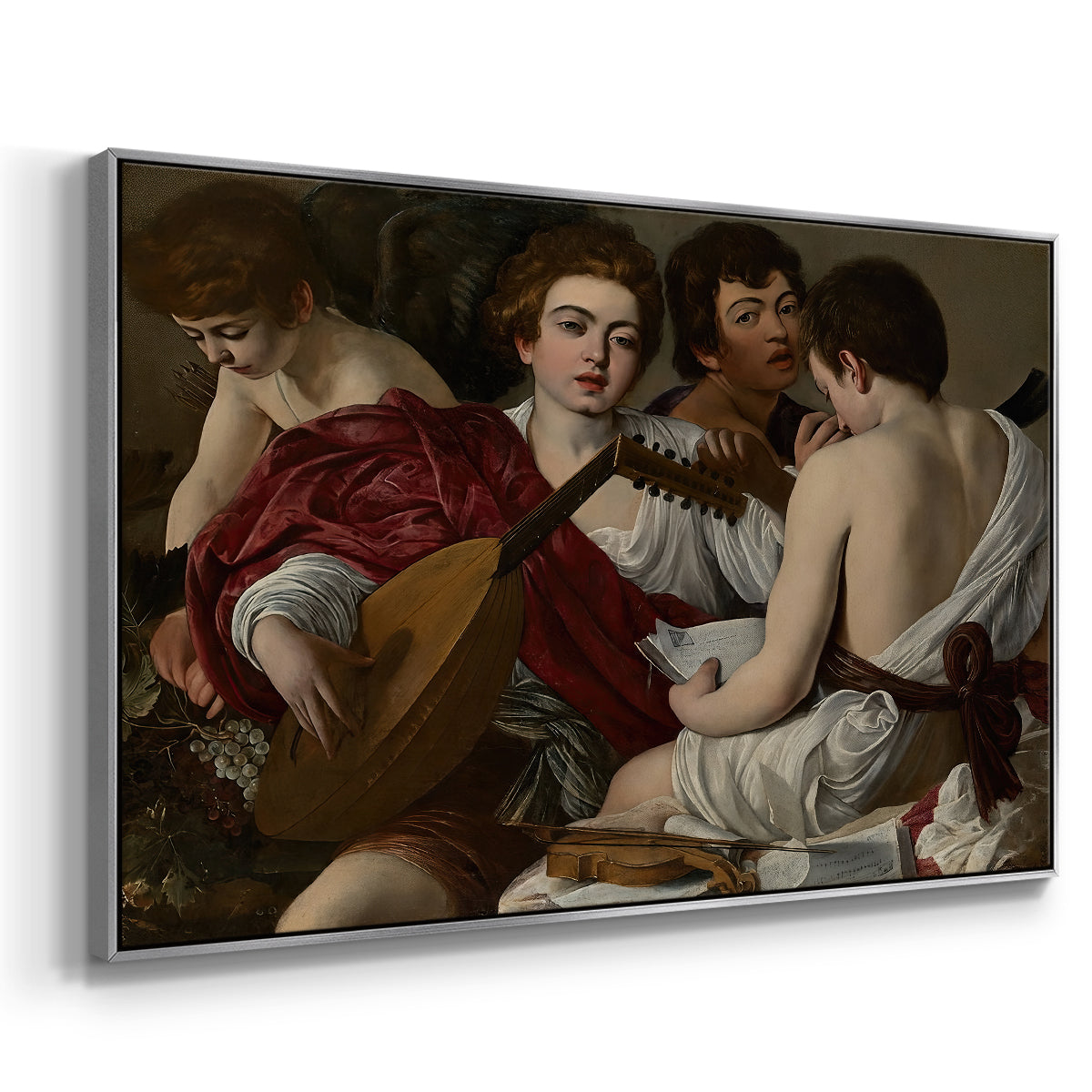 Angled view of The Musicians, c. 1595 by Caravaggio in a silver floater framed canvas.