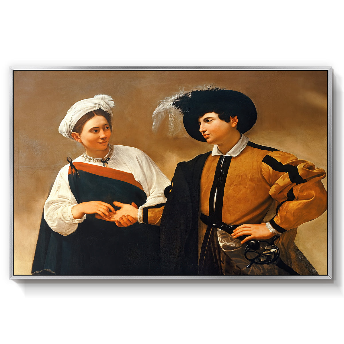 The Fortune Teller (Capitoline Version), c. 1599 by Caravaggio in a silver floater framed canvas wall art display.