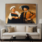 The Fortune Teller (Capitoline Version), c. 1599 by Caravaggio displayed in a silver floater framed canvas above a sofa in a clean living room.