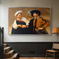Silver floater framed canvas featuring a genre scene of fortune telling with subtle theft, displayed in a hallway near a staircase.