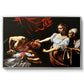 Judith Beheading Holofernes, c. 1599 by Caravaggio in a silver floater framed canvas wall art display.
