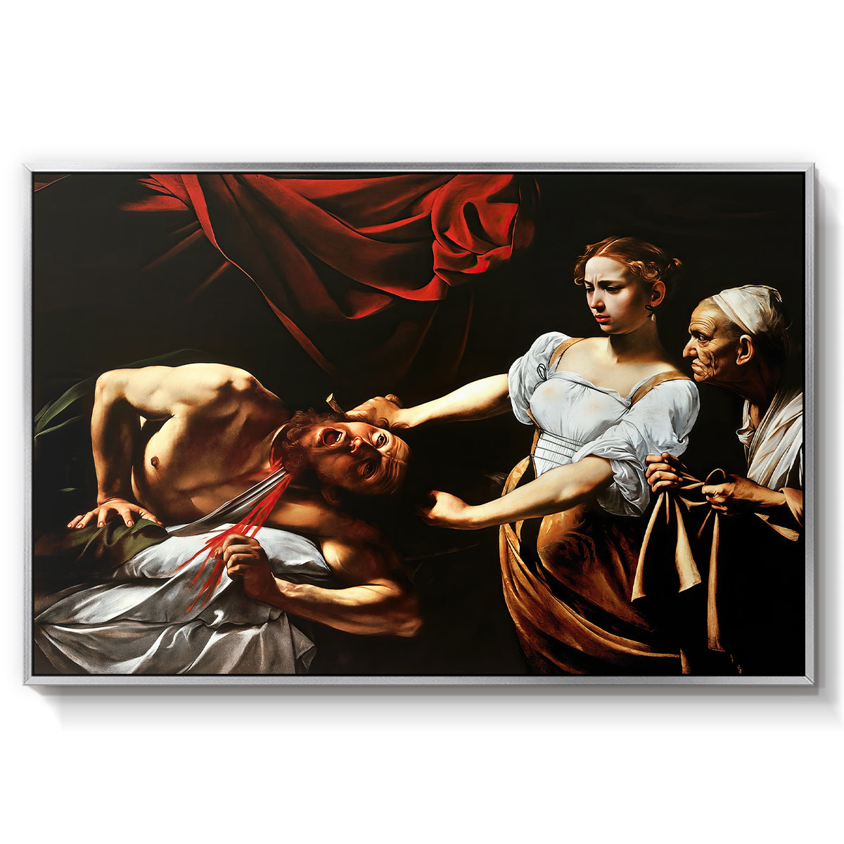 Judith Beheading Holofernes, c. 1599 by Caravaggio in a silver floater framed canvas wall art display.