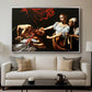 Judith Beheading Holofernes, c. 1599 by Caravaggio displayed in a silver floater framed canvas above a sofa in a clean living room.