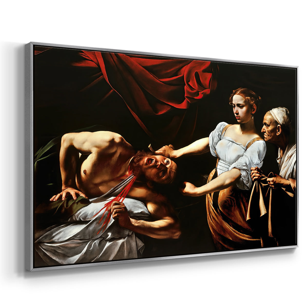 Angled view of Judith Beheading Holofernes, c. 1599 by Caravaggio in a silver floater framed canvas.