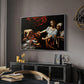 Judith Beheading Holofernes, c. 1599 by Caravaggio in a silver floater framed canvas featuring an intense moment of Judith slaying Holofernes with sword, displayed above a desk in a dark home office interior.