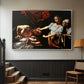 Silver floater framed canvas featuring a violent religious narrative with strong contrast of light and shadow, displayed in a hallway near a staircase.