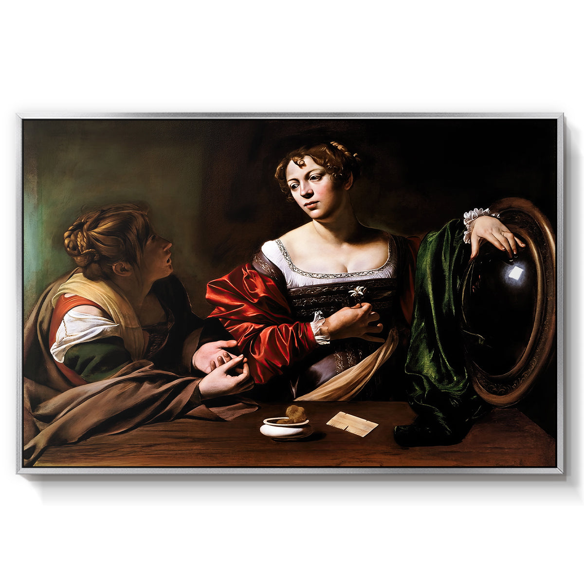 Martha and Mary Magdalene, c. 1598 by Caravaggio in a silver floater framed canvas wall art display.