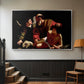 Silver floater framed canvas featuring an intense religious narrative with figures in close physical struggle, displayed in a hallway near a staircase.