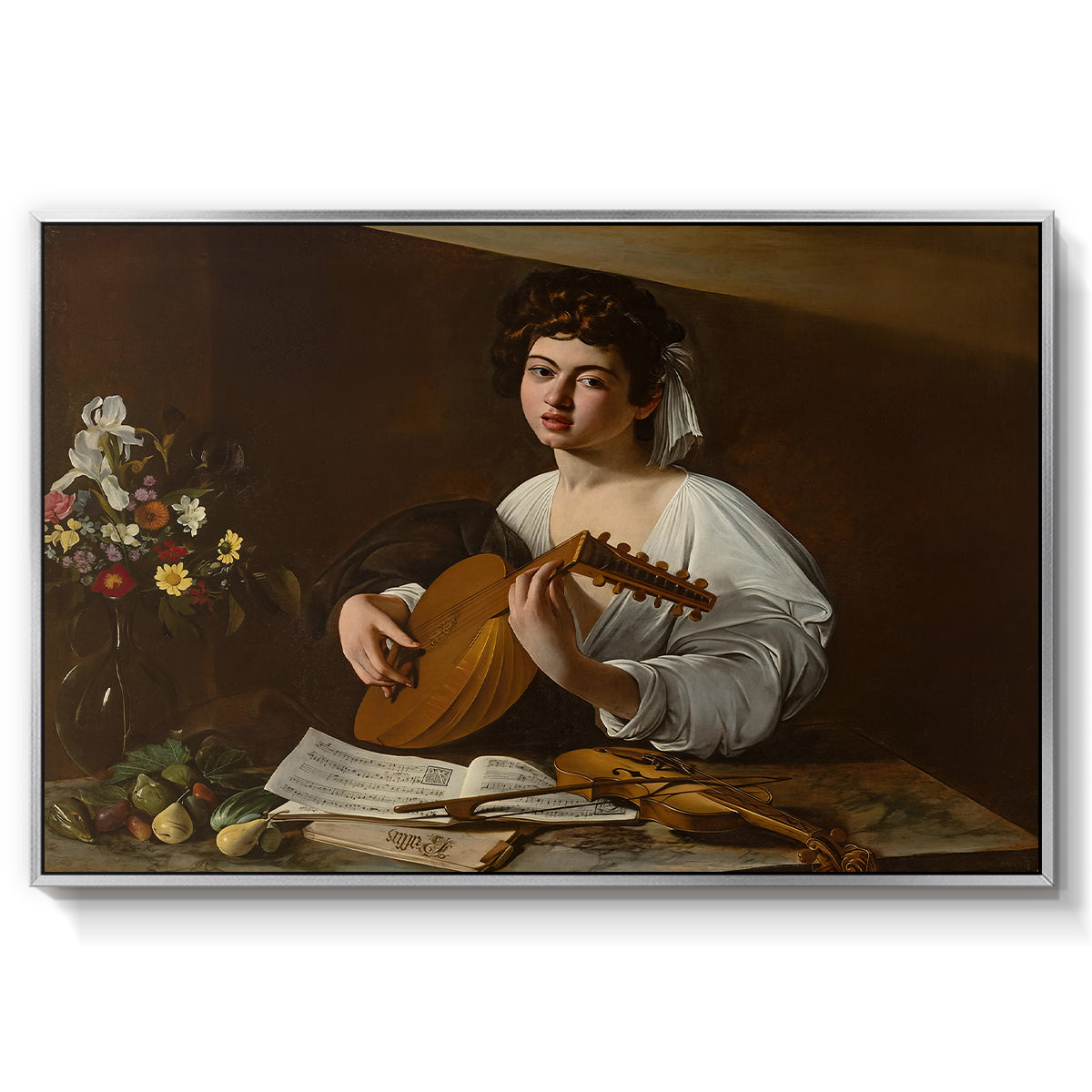 The Lute Player (Hermitage Version), c. 1596 by Caravaggio in a silver floater framed canvas wall art display.