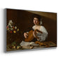 Angled view of The Lute Player (Hermitage Version), c. 1596 by Caravaggio in a silver floater framed canvas.