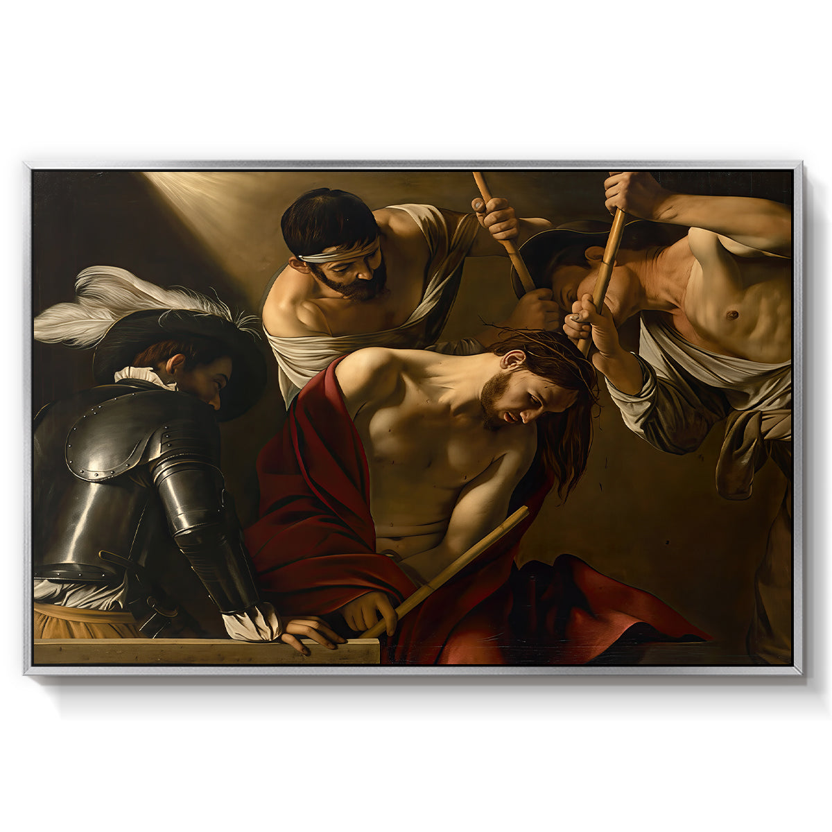 The Crowning with Thorns (Vienna Version), c. 1602-1604 by Caravaggio in a silver floater framed canvas wall art display.