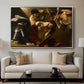 The Crowning with Thorns (Vienna Version), c. 1602-1604 by Caravaggio displayed in a silver floater framed canvas above a sofa in a clean living room.