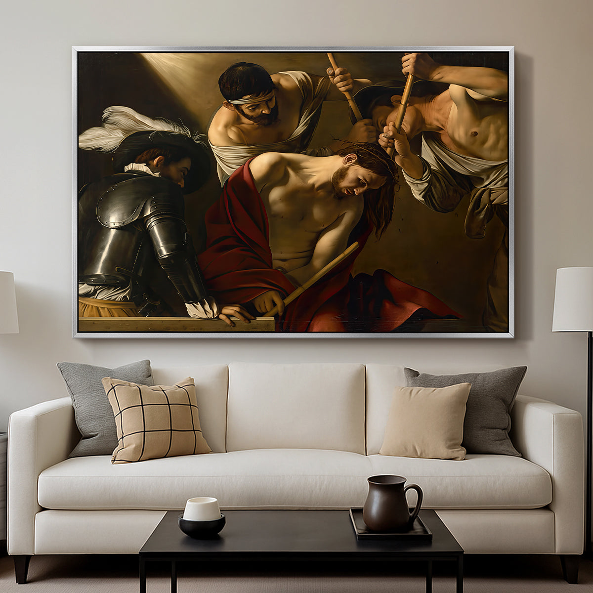 The Crowning with Thorns (Vienna Version), c. 1602-1604 by Caravaggio displayed in a silver floater framed canvas above a sofa in a clean living room.
