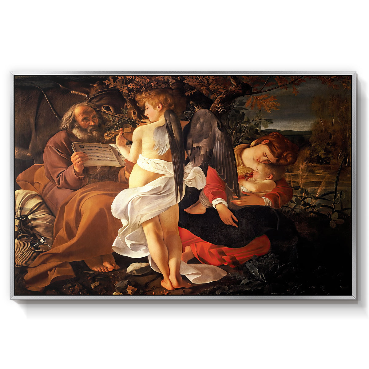Rest on the Flight into Egypt, c. 1597 by Caravaggio in a silver floater framed canvas wall art display.