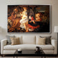Rest on the Flight into Egypt, c. 1597 by Caravaggio displayed in a silver floater framed canvas above a sofa in a clean living room.