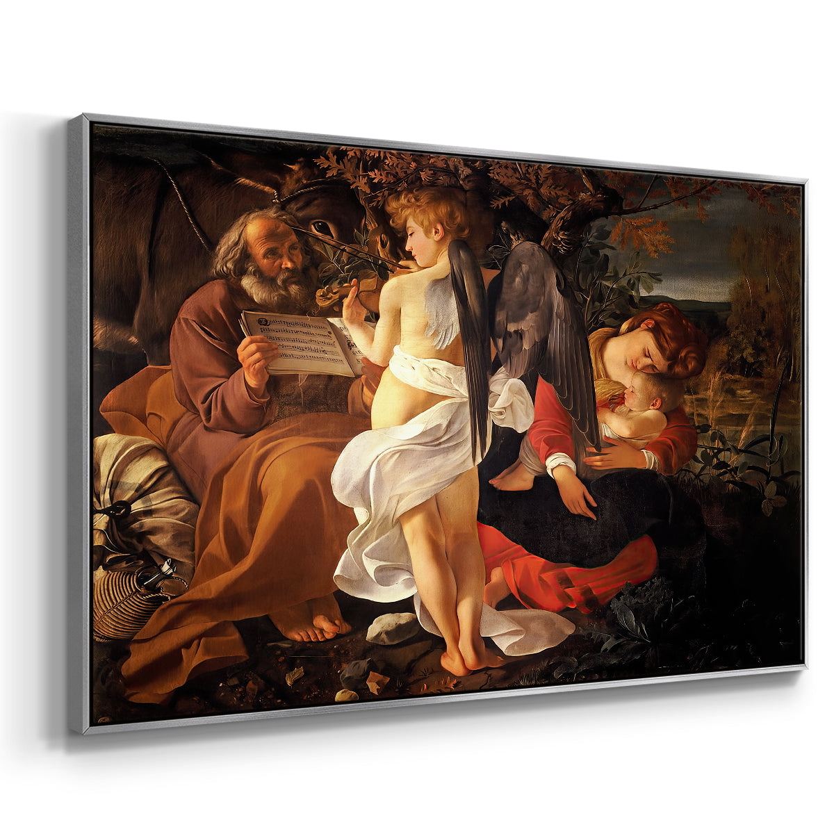 Angled view of Rest on the Flight into Egypt, c. 1597 by Caravaggio in a silver floater framed canvas.