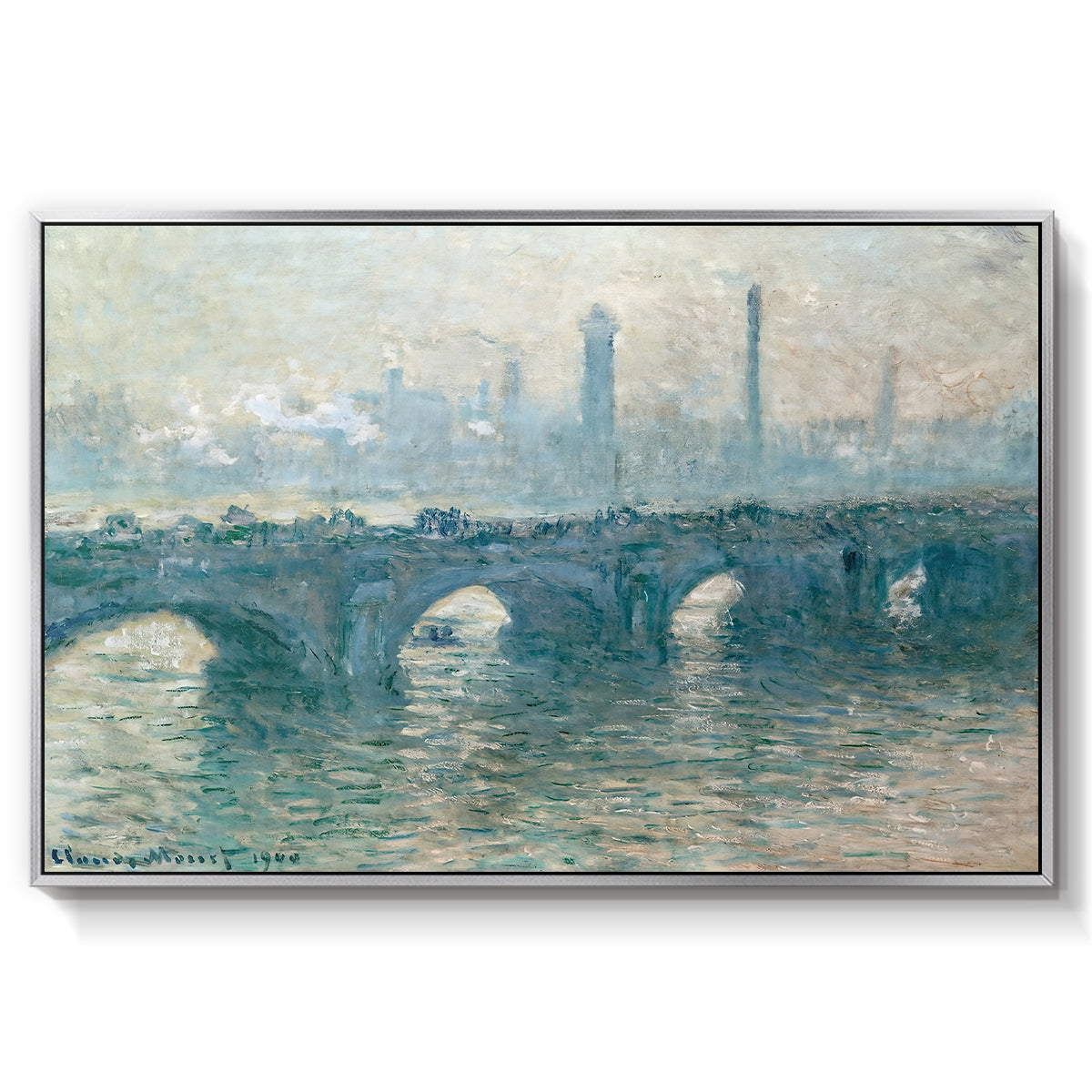 Waterloo Bridge, Gray Weather, 1900 by Claude Monet in a silver floater framed canvas wall art display.
