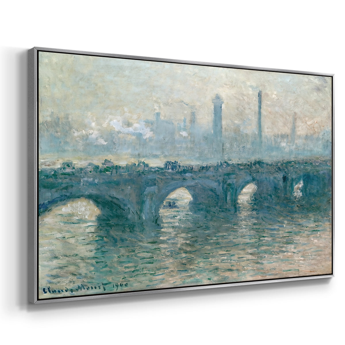 Angled view of Waterloo Bridge, Gray Weather, 1900 by Claude Monet in a silver floater framed canvas.
