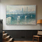Silver floater framed canvas featuring an atmospheric urban landscape with misty light and reflections, displayed in a hallway near a staircase.