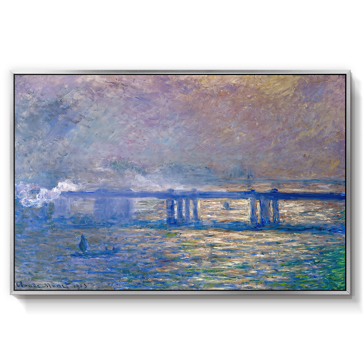 Charing Cross Bridge, 1903 by Claude Monet in a silver floater framed canvas wall art display.