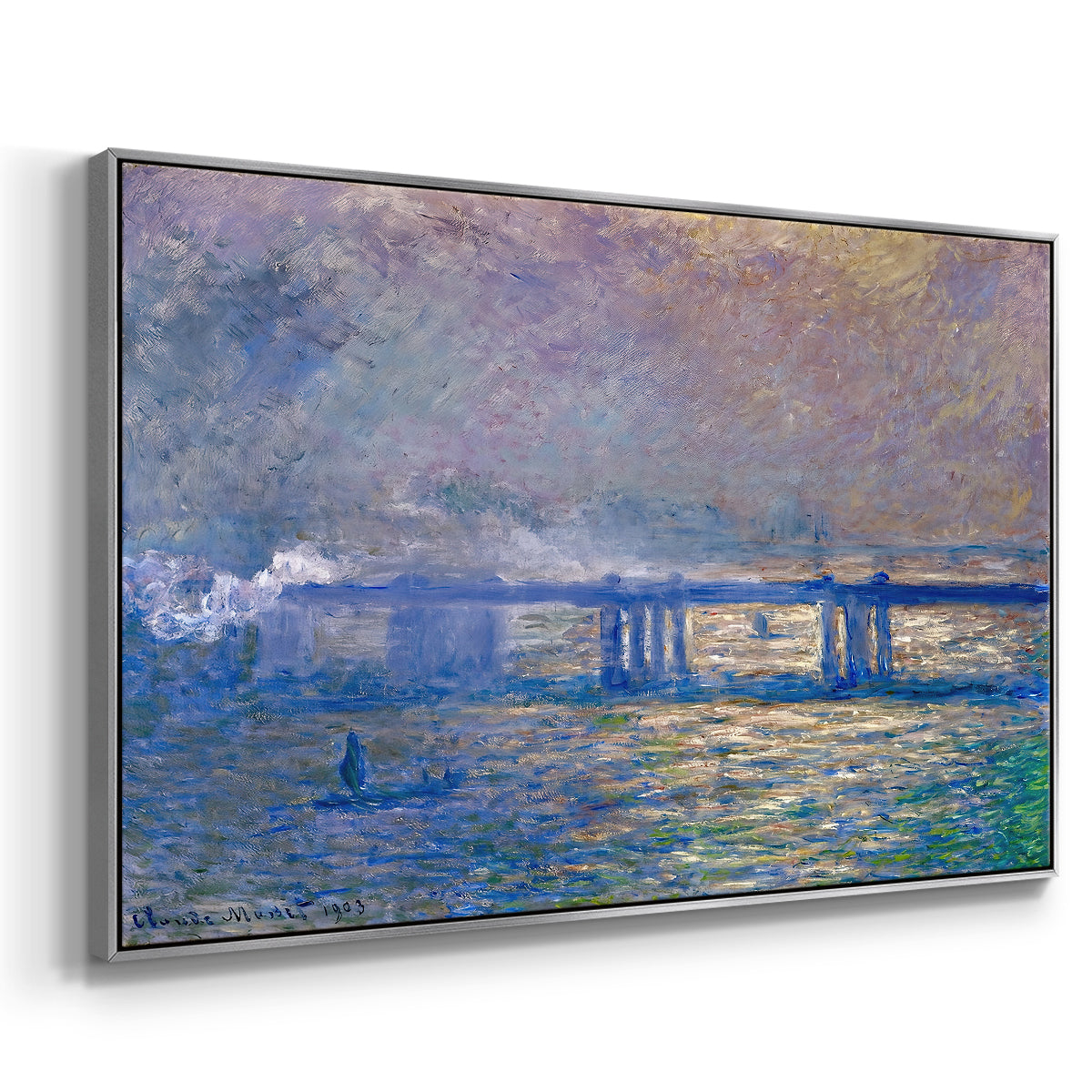 Angled view of Charing Cross Bridge, 1903 by Claude Monet in a silver floater framed canvas.