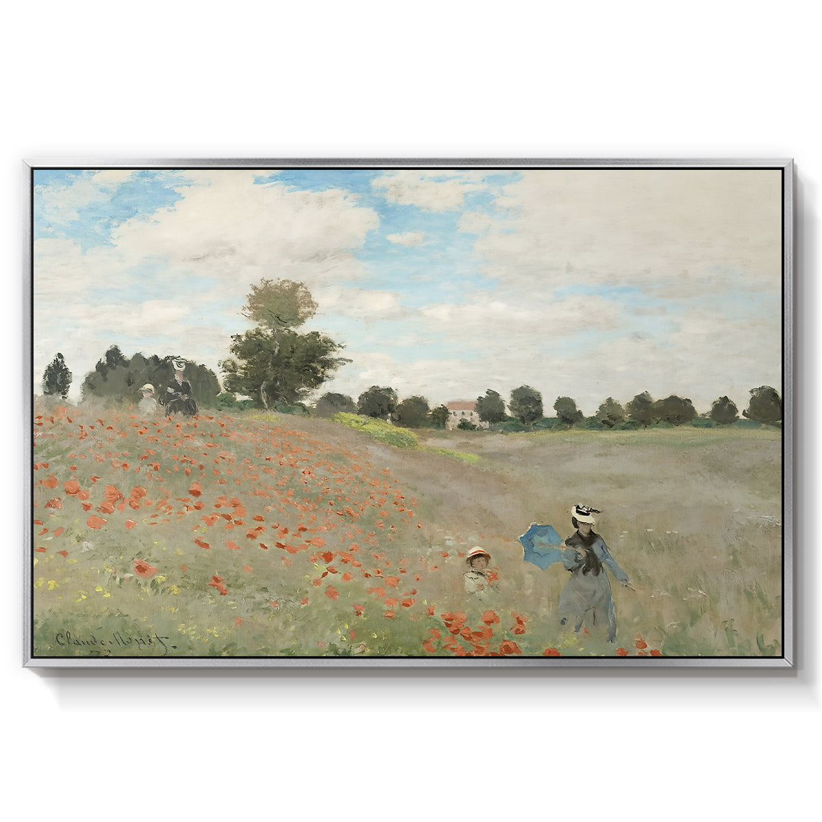 The Poppy Field near Argenteuil, 1873 by Claude Monet in a silver floater framed canvas wall art display.