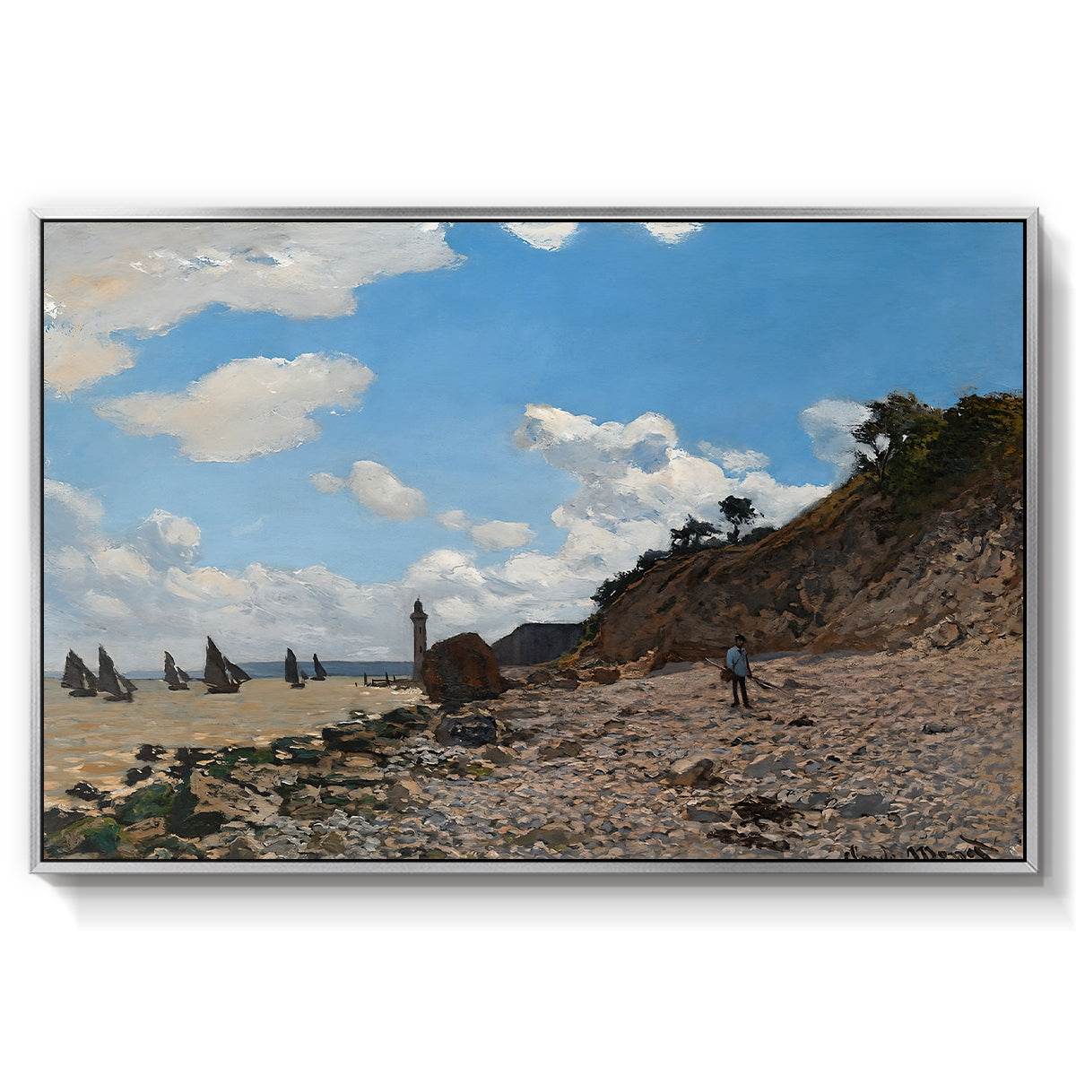 The Beach at Honfleur, 1864 by Claude Monet in a silver floater framed canvas wall art display.