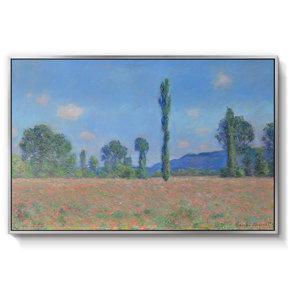 Poppy Field (Giverny), 1890-1891 by Claude Monet in a silver floater framed canvas wall art display.